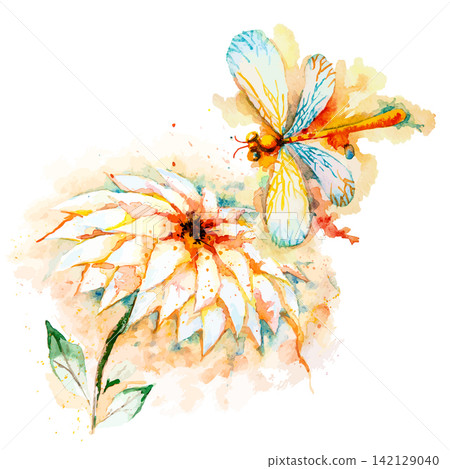 Vector greeting background with beautiful watercolor flying orange dragonfly and lily flower Vector greeting background with beautiful watercolor flying orange dragonfly and lily flower 142129040