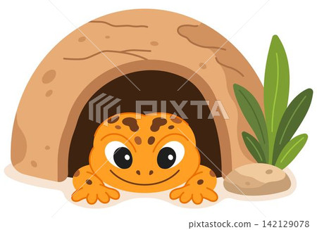 An orange leopard gecko peeks out from a sandy burrow. The reptile. An orange leopard gecko peeks out from a sandy burrow. The reptile. 142129078