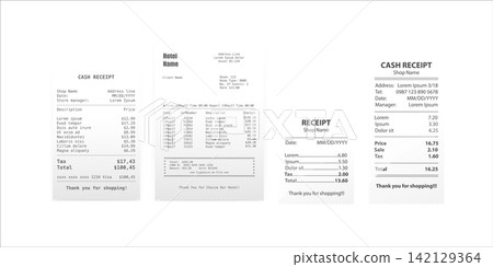 Realistic 3D Paper Shop Receipts with Barcode. Printed Sales Bill Template for POS, ATM, and Payment Records Mockup 142129364