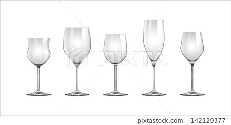 Realistic empty glasses. Glass cup and cocktail stemware mockup. Transparent glassware for wine and alcohol drinks. 3D crystal utensil for beverage serving 142129377