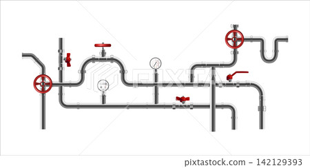 Realistic Steel pipeline for Industry with red faucets Realistic Steel pipeline for Industry with red faucets 142129393