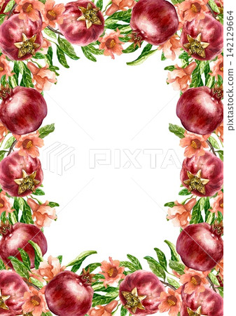 Pomegranate frame, vertical. Ripe red fruits, whole and cut, green leaves and pink flowers. Hand drawn watercolor illustration in a botanical style. Suitable for greeting cards and invitations. Pomegranate frame, vertical. Ripe red fruits, whole and cut, green leaves and pink flowers. Hand drawn watercolor illustration in a botanical style. Suitable for greeting cards and invitations. 142129664