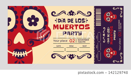 Dia de los Muertos Party Ticket Template with Sugar Skull, November 2 Date and Decorative Day of the Dead Event Design Dia de los Muertos Party Ticket Template with Sugar Skull, November 2 Date and Decorative Day of the Dead Event Design 142129748