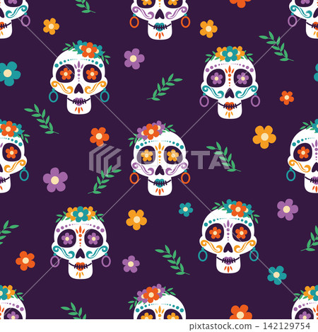 Dia de los Muertos Sugar Skull Seamless Pattern with Floral Crowns, Colorful Flowers and Leaves on Dark Purple Background 142129754
