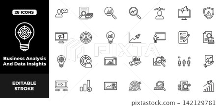 Business Analysis and Data Insights Outline Icon Set with Analytics, Reports, Marketing and Growth Business Analysis and Data Insights Outline Icon Set with Analytics, Reports, Marketing and Growth 142129781