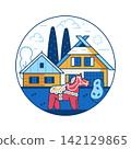 Skansen Village in Stockholm and Dala Horse Icon 142129865