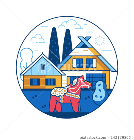 Skansen Village in Stockholm and Dala Horse Icon Skansen Village in Stockholm and Dala Horse Icon 142129865