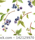 Seamless pattern with blueberry branches with green leaves drawn in watercolor.  142129970