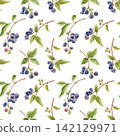 Seamless pattern with blueberry branches with green leaves drawn in watercolor.  142129971