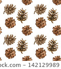 Watercolor seamless pattern with pine cone. Forest botanical background for design and textiles hand painted 142129989