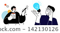 Flat line business brainstorming illustration, Creative thinking concept with lightbulb, Teamwork planning process graphic, Vector characters analyzing project strategy 142130126