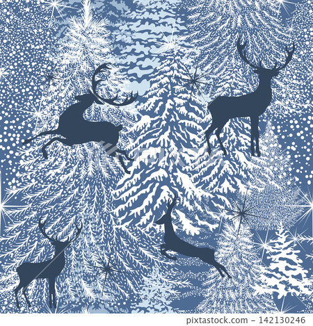 Christmas blue and white background with deer. Winter Forest pattern. Christmas trees of dots. Christmas seamless background. hand drawing. Not AI. Vector illustration Christmas blue and white background with deer. Winter Forest pattern. Christmas trees of dots. Christmas seamless background. hand drawing. Not AI. Vector illustration 142130246