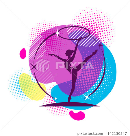Rhythmic gymnastics logo. Gymnastics school. Bright competition emblem. Hand drawn. Not AI, vector illustration. Rhythmic gymnastics logo. Gymnastics school. Bright competition emblem. Hand drawn. Not AI, vector illustration. 142130247