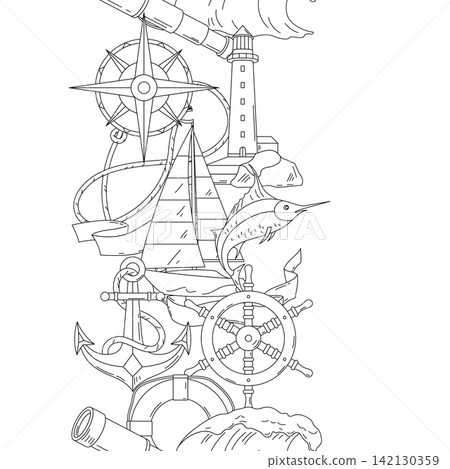 Nautical line symbols seamless pattern. Travel and tourism texture. Retro style conceptual illustration. Nautical line symbols seamless pattern. Travel and tourism texture. Retro style conceptual illustration. 142130359