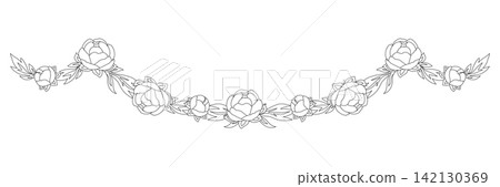 Flower frame with linear peony. Banner with beautiful decorative summer flowers. Flower frame with linear peony. Banner with beautiful decorative summer flowers. 142130369