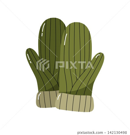 Green ribbed knitted winter mittens pair vector warm seasonal hand wear isolated on white background Green ribbed knitted winter mittens pair vector warm seasonal hand wear isolated on white background 142130498