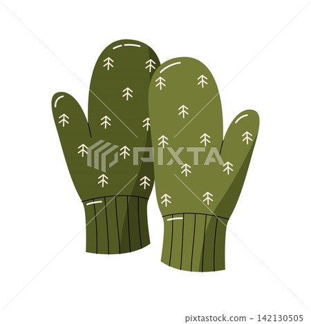Green winter mittens with pine tree print vector cozy nature theme hand warmers Green winter mittens with pine tree print vector cozy nature theme hand warmers 142130505