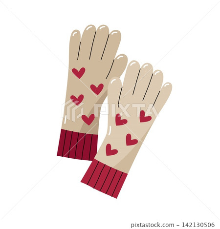 Beige winter gloves with red heart print vector cute romantic warm knitted hand wear Beige winter gloves with red heart print vector cute romantic warm knitted hand wear 142130506