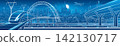Futuristic high speed train traveling through a modern smart city with elevated transportation infrastructure, highway, bridge, power lines, airplane and urban skyline. Blue technology panorama illust 142130717