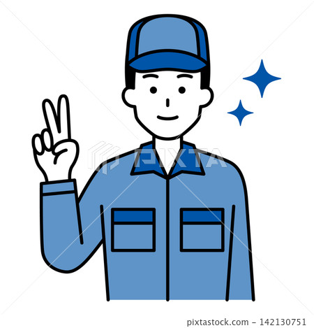A man in overalls makes a peace sign. A man in overalls makes a peace sign. 142130751