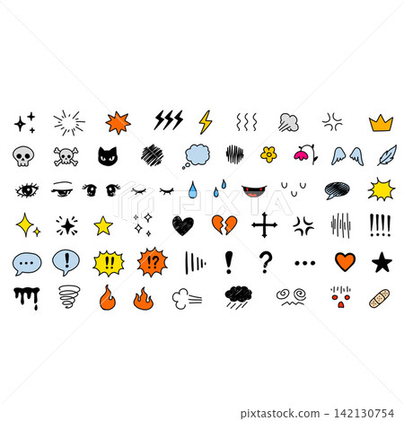 Comic emotion doodle set, colorful manga symbols with stars hearts lightning skulls, funny icons. Speech bubble burst cloud tear flame crown, cartoon feeling doodle elements collection 142130754