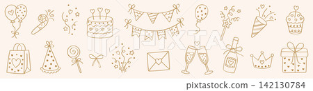 Elegant Birthday Party Doodle Collection with Gold Line Cake, Balloons, Bunting, Champagne, Cupcake, Gift, Crown, Party Hat, Confetti, Hearts and Celebration Elements on Cream Background Elegant Birthday Party Doodle Collection with Gold Line Cake, Balloons, Bunting, Champagne, Cupcake, Gift, Crown, Party Hat, Confetti, Hearts and Celebration Elements on Cream Background 142130784