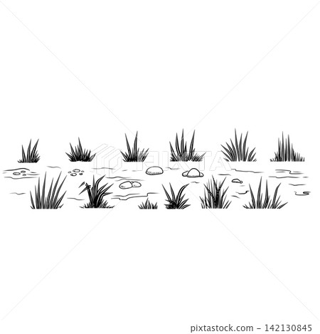 Grass tufts and pebble rocks collection in hand drawn sketch style. Ground vegetation and stone elements set isolated on white background. Grass tufts and pebble rocks collection in hand drawn sketch style. Ground vegetation and stone elements set isolated on white background. 142130845