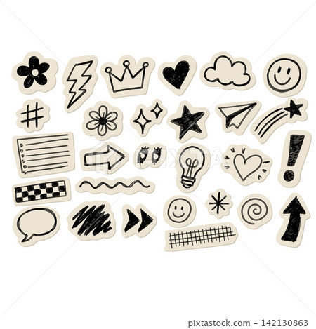 Hand-drawn doodle sticker collection with black outlines on beige background. Includes flowers, hearts, stars, arrows, and decorative elements for creative projects. Hand-drawn doodle sticker collection with black outlines on beige background. Includes flowers, hearts, stars, arrows, and decorative elements for creative projects. 142130863
