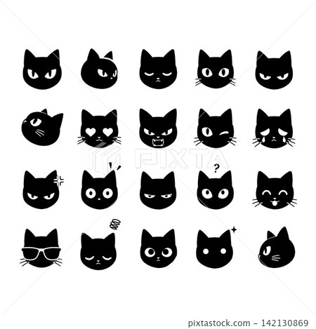 Black cat emoji set, funny faces with different emotions, cute pet icons. Kitten expressions collection, angry happy sad moods, flat animal symbols. Cat emoticon pack, playful silhouettes Black cat emoji set, funny faces with different emotions, cute pet icons. Kitten expressions collection, angry happy sad moods, flat animal symbols. Cat emoticon pack, playful silhouettes 142130869