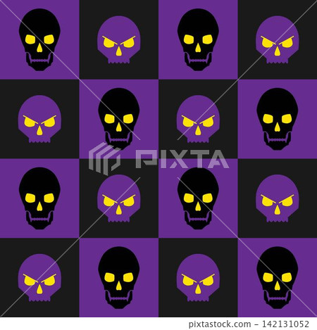 Halloween seamless pattern in simple geometric style. Skull icons in alternating checkered grid. Skull silhouette with glowing eyes. Horror design Halloween seamless pattern in simple geometric style. Skull icons in alternating checkered grid. Skull silhouette with glowing eyes. Horror design 142131052