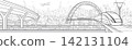 Futuristic high speed train traveling through a modern smart city with elevated railway, curved highway, bridge, power lines and urban skyline. Detailed monochrome line art panorama  142131104