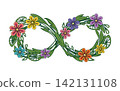 Infinity symbol with intertwined leaves,flowers 142131108