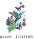 Composition with hummingbird, butterflies, flowers 142131109