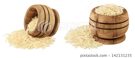 rice basmati in a wooden bowl isolated on white background 142131235