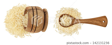 rice basmati in a wooden bowl and spoon isolated on white background. Top view. Flat lay rice basmati in a wooden bowl and spoon isolated on white background. Top view. Flat lay 142131236