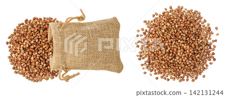 Raw buckwheat in a bag isolated on white background. Top view. Flat lay Raw buckwheat in a bag isolated on white background. Top view. Flat lay 142131244