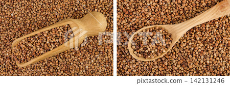 Raw buckwheat in wooden scoop and spoon as a background. Top view. Flat lay Raw buckwheat in wooden scoop and spoon as a background. Top view. Flat lay 142131246