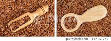 flaxseed in wooden scoop and spoon as a background. Top view. Flat lay flaxseed in wooden scoop and spoon as a background. Top view. Flat lay 142131247