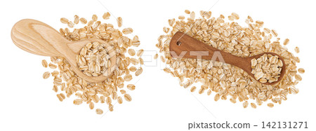 Oat flakes in wooden spoon isolated on white background with full depth of field. Top view. Flat lay Oat flakes in wooden spoon isolated on white background with full depth of field. Top view. Flat lay 142131271