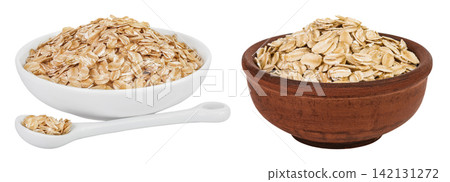 Oat flakes in ceramic bowl isolated on white background with full depth of field Oat flakes in ceramic bowl isolated on white background with full depth of field 142131272