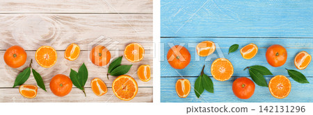 orange or tangerine with leaves on white wooden background. Flat lay, top view. Fruit composition orange or tangerine with leaves on white wooden background. Flat lay, top view. Fruit composition 142131296