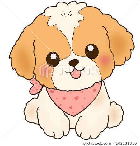 Cute Shih Tzu puppy dog character wearing pink scarf bandana pet care sticker print visual graphic clipart artwork design icon element illustration 142131310