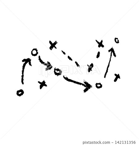 Sports tactical play diagram with arrows and movement patterns. Hand drawn strategy sketch with X and O symbols for coaching game plan. Black grunge texture isolated elements. Sports tactical play diagram with arrows and movement patterns. Hand drawn strategy sketch with X and O symbols for coaching game plan. Black grunge texture isolated elements. 142131356