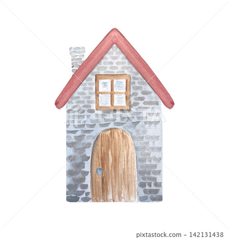 Watercolor illustration of a stone house with a red roof, wooden door, window, and chimney isolated on white. Perfect for fairytale maps, children books, rural scenes, and fantasy environment design Watercolor illustration of a stone house with a red roof, wooden door, window, and chimney isolated on white. Perfect for fairytale maps, children books, rural scenes, and fantasy environment design 142131438