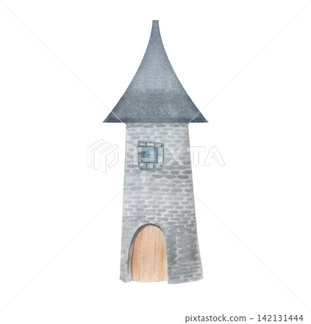 Medieval-style stone tower with a dome-shaped roof and arched wooden door. Watercolor illustration isolated on white background. Ideal for fairytales, maps, fantasy packaging, educational materials Medieval-style stone tower with a dome-shaped roof and arched wooden door. Watercolor illustration isolated on white background. Ideal for fairytales, maps, fantasy packaging, educational materials 142131444