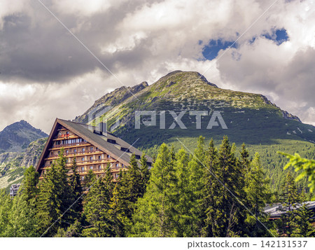 Triangular Alpine Resort Hotel in High Tatras Mountain Landscape 142131537