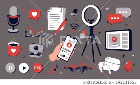 Podcast elements set design. Collection with microphone, comments, script, ring lamp light, communication, coffee cup, video camera, listening mobile phone app, earphones, more. Vector illustration. 142131555