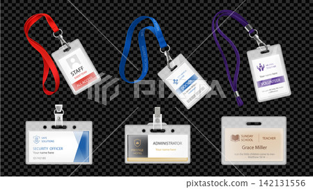 Lanyard badge elements set design. Collection with identification passes on strings, ID card templates for staff, doctor, volunteer, security officer, administrator or teacher. Vector illustration. Lanyard badge elements set design. Collection with identification passes on strings, ID card templates for staff, doctor, volunteer, security officer, administrator or teacher. Vector illustration. 142131556