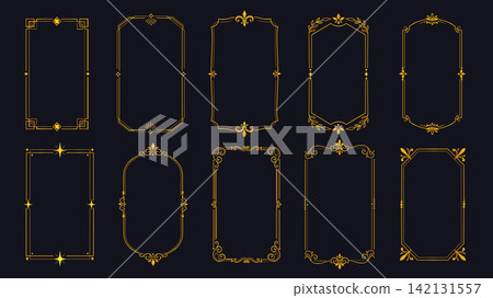 Gold frames elements set design. Collection with golden vertical square borders with vintage linear shapes and ornate corners, bohemian art deco banners, tarot card templates. Vector illustration. Gold frames elements set design. Collection with golden vertical square borders with vintage linear shapes and ornate corners, bohemian art deco banners, tarot card templates. Vector illustration. 142131557