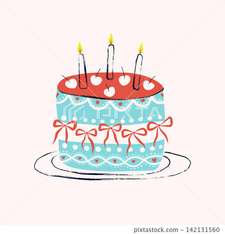 Birthday Cake with Three Burning Candles, Cherries, Bows and Heart Decorations, Hand Drawn Celebration Cake Vector Illustration Birthday Cake with Three Burning Candles, Cherries, Bows and Heart Decorations, Hand Drawn Celebration Cake Vector Illustration 142131560